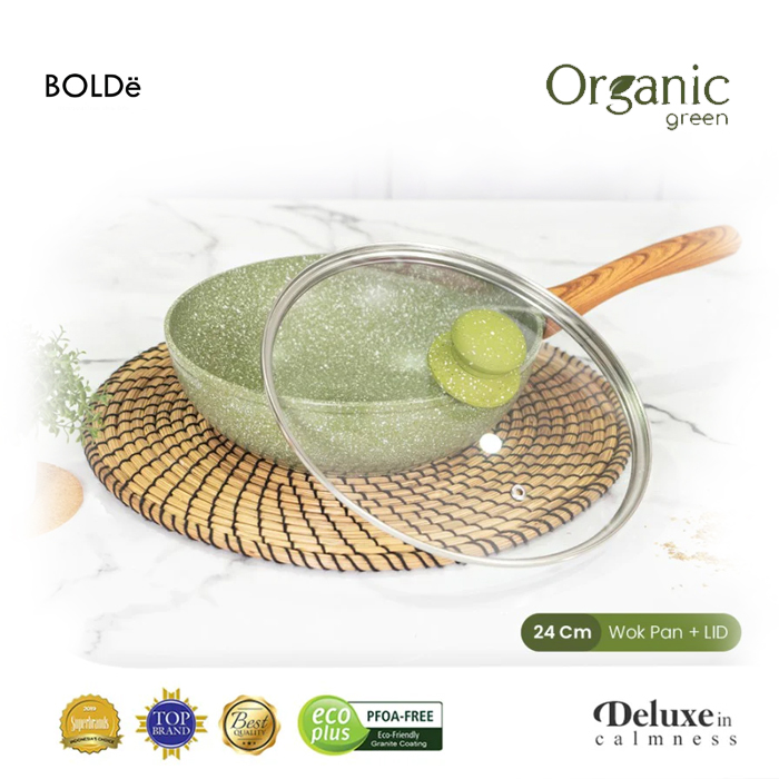 Bolde Organic Green Wok Pan 24 cm + Glass Lid